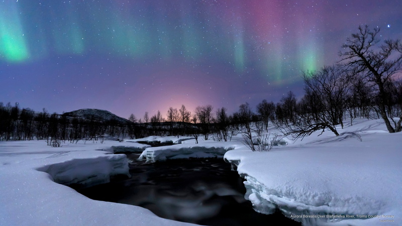 Winter, aurora, 2K, norway, blafjellelva, borealis, county, river, troms
