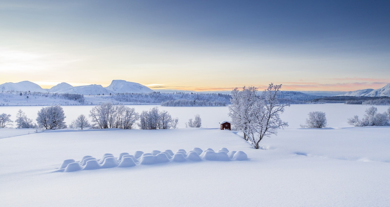 trees, Lyngen Alps, Norway, panorama, snow, 1080P, Balsfjord, winter, hut, the snow, Troms, mountains