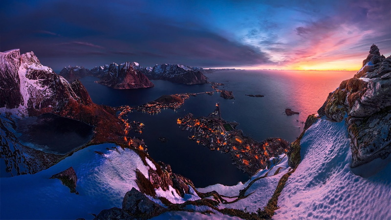 landscape, desktop, full, hd, horizon, lofoten, twilight, winter, norway, sunset, screen, 1080P