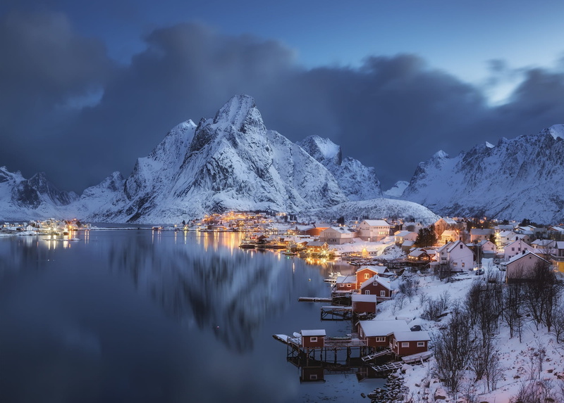 mountains, clouds, Andrey Chabrov, Lofoten, village, home, The Lofoten Islands, winter, the evening, Norway, nature, Hamnoy, sea, landscape, 1080P