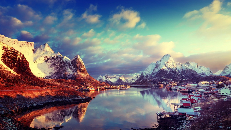sun rays, stones, clouds, snow, landscape, Lofoten, long exposure, trees, water, 1080P, house, snowy peak, winter, reflection, river, nature, Norway, village