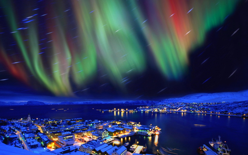 stars, nights, sky, borealis, lights, cities, norway, northern, aurora, hammerfest, 1080P