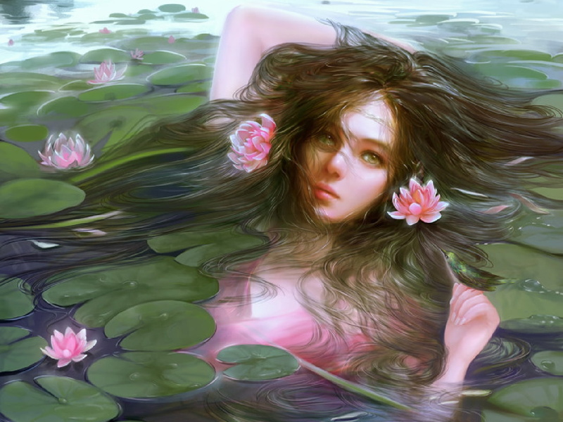 flowers, head, pink, illustration, body, water, sticking, pads, woman, 720P, artistic, lotus, lily, women, submerged, near, hd
