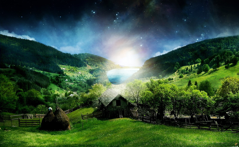 tranquility, houses, mountains, nature, grass, astronomy, beautiful, plant, beauty in nature, lanscape, star - space, built structure, green color, architecture