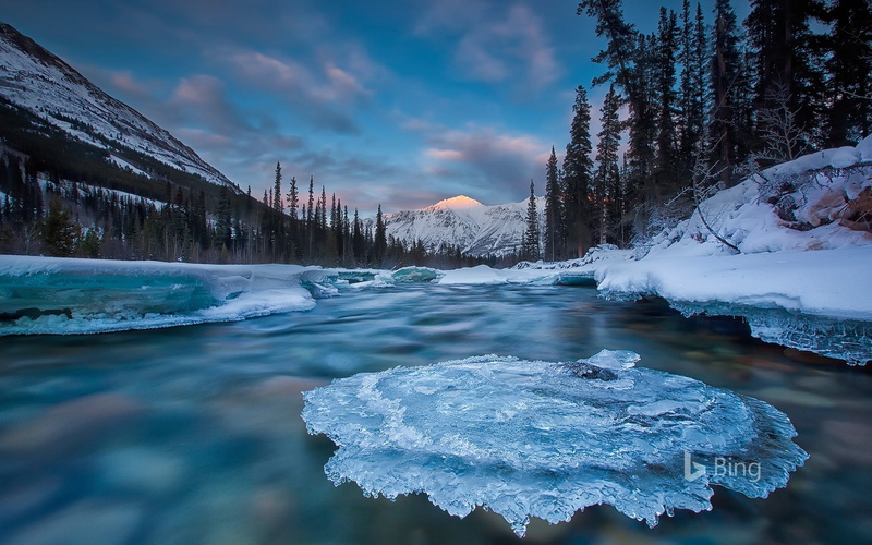 frozen, river, winter, flowing water, covered, snow, 1080P, water, yukon, cloud - sky, mountain, beauty in nature, tranquility, scenics - nature, tree