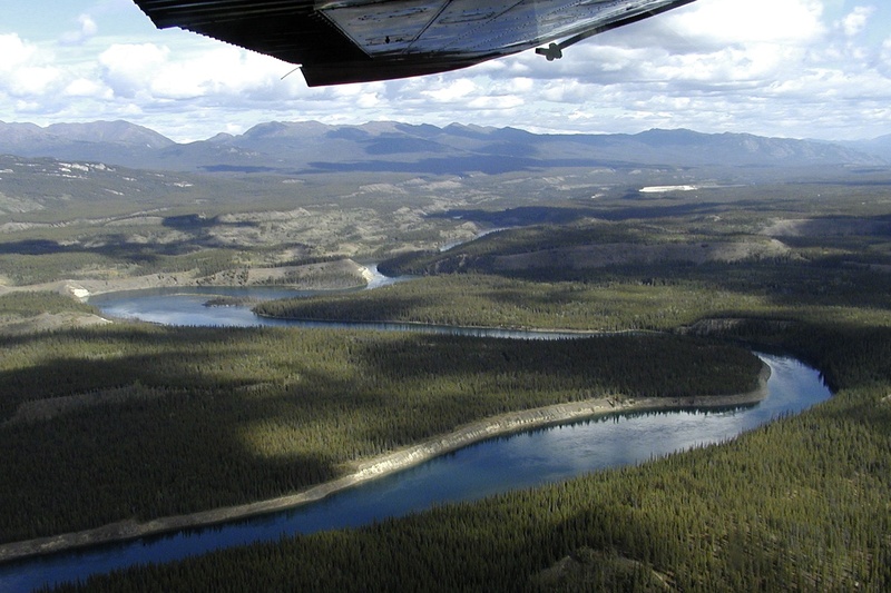 sky, outdoors, trees, mode of transportation, tranquility, non-urban scene, vegetation, landscape, 720P, yukon territory, mountain, cloud - sky, airplane