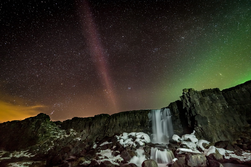scenics - nature, chute, idyllic, stars, iceland, star - space, nature, 2K, no people, milky way, beauty in nature, öxarárfoss, green, pingvellir, northern lights