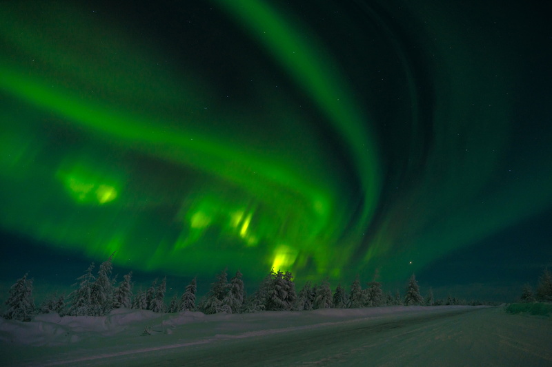 Russia, forest, road, Northern lights, trees, the sky, Yakutia, snow, 1080P, night, Siberia, stars, winter
