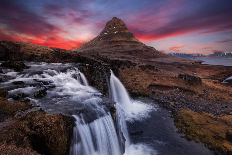Waterfall, Island, Kirkjufell, landscape, 1080P, mountain