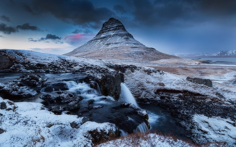 beauty in nature, waterfall, frozen, the volcano, tranquil scene, Iceland, sky, flowing water, snow, the sky, outdoors, cold temperature, idyllic, environment