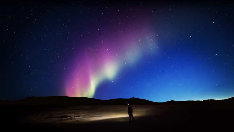 colorful, galaxy, aurora, borealis, dark, golden, stars, hour, mountain, nature, landscape, tranquil scene, 1080P, silhouette, star - space, one person