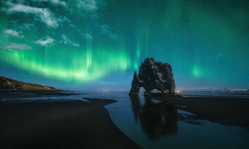 scenics - nature, cold temperature, 1080P, astronomy, tranquil scene, no people, landscape, sea, non-urban scene, land, aurora polaris, tranquility, night