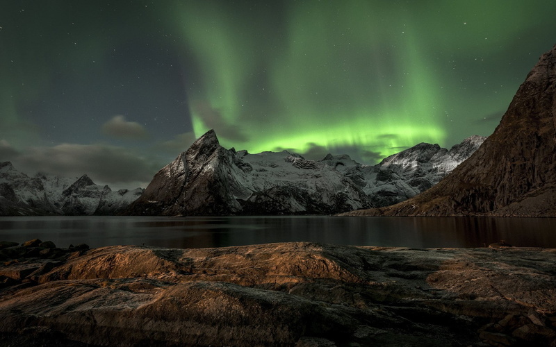 landscape, water, beauty in nature, green color, astronomy, idyllic, Norway, space and astronomy, winter, environment, night, scenics - nature, tranquil scene