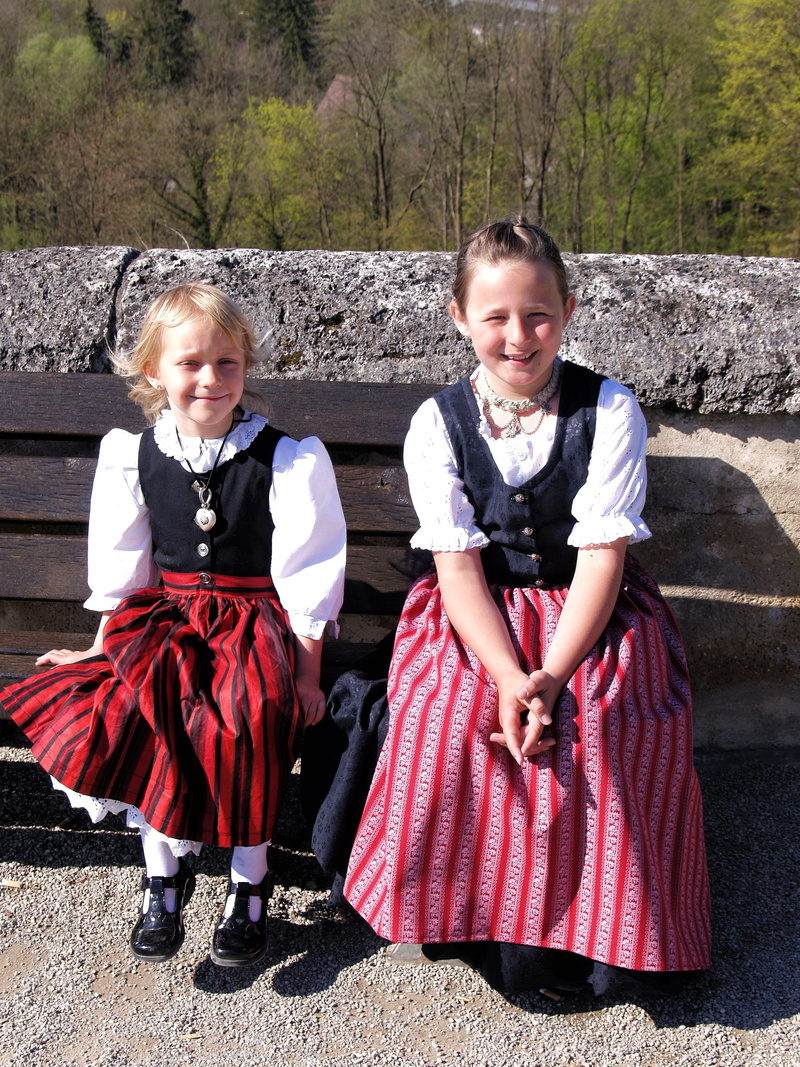 women, men, males, two, children, bavarian, costume, daytime, real people, girl, togetherness, brown, sister, girls, boys, outdoors, leisure activity, wooden