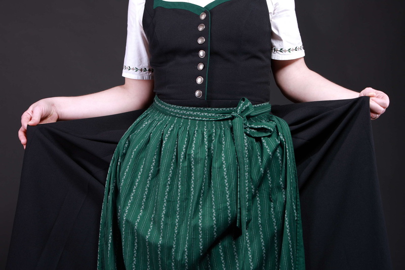 studio shot, traditional clothing, apron, standing, turquoise colored, bavaria, green color, clothing, front view, costumes, woman, dress, adult, human body part