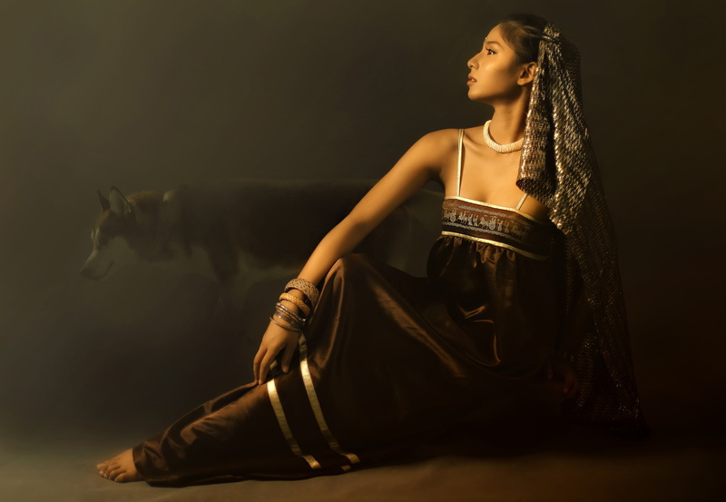 bracelets, sundress, costume, the dark background, Asian, face, dog, pose, 2K, sitting, girl