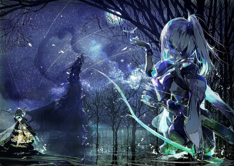 reflection, standing, blue, art and craft, representation, water, tank, digital composite, quiver, people, group of people, occupation, original characters