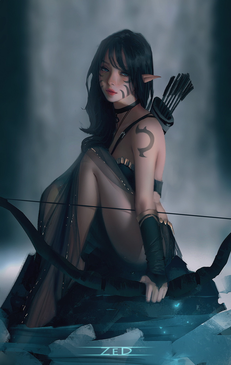 quiver, women, face paint, dress, dark hair, drawing, black clothing, arrows, bow, pointy ears, Trungbui, archer, elves, 2K, water