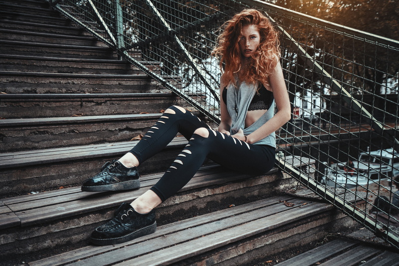1080P, women outdoors, women, Felix Barjou, redhead, stairs, model