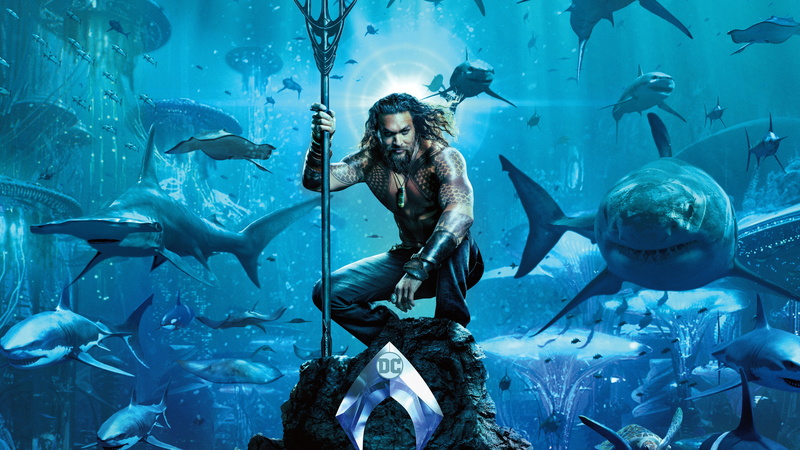 Trident, sharks, 5K, DC Comics, sea, under water, corals, stone, poster, fiction, Jason Momoa, comic, the bottom, logo, Aquaman, tattoo, blue