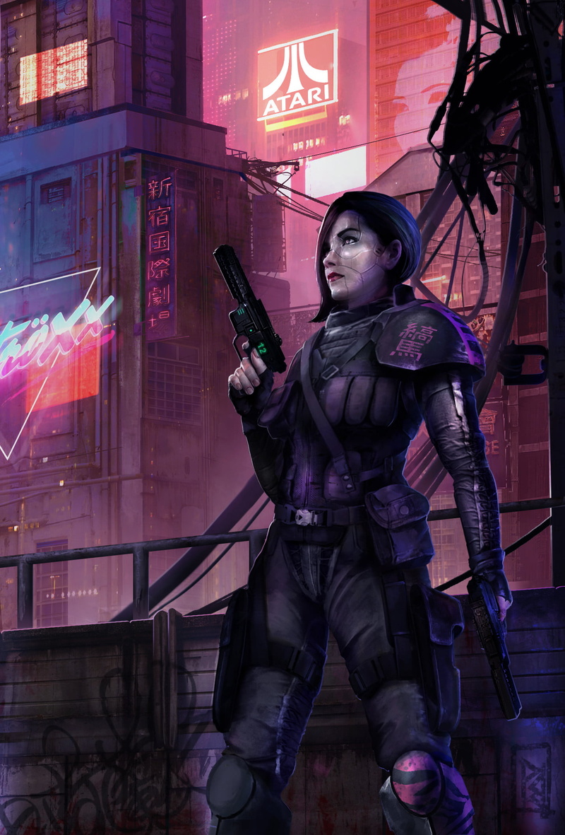 gun, 1080P, logo, city, girls with guns, futuristic, science fiction women, dark hair, science fiction, artwork, weapon, standing, Atari