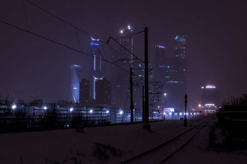 lighting equipment, city, architecture, russia, cable, snow, moscow, winter, blue, no people, glow, urban, night, track, building exterior, illuminated