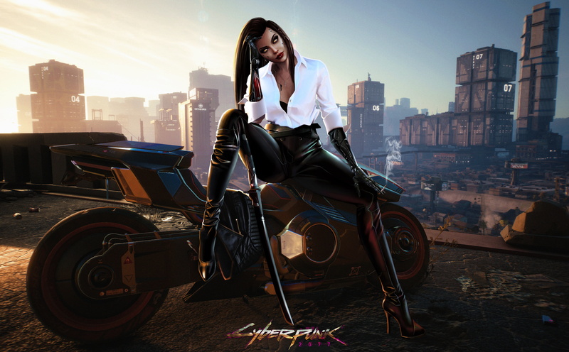 bycicle, long hair, katana, cyber city, city, yellow eyes, red lipstick, white blouse, cyberpunk, face, 4K, brunette, high heels, women, sword, white shirt