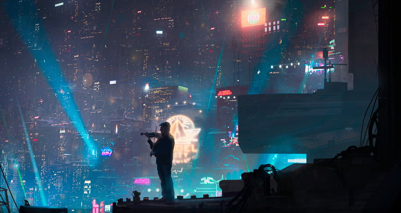 neon, 4K, cyber city, digital art, cyberpunk, artwork, violin