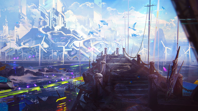 anime, digital art, city, Futurism, 1080P, cyber, 3D fractal, futuristic city, fantasy architecture, landscape, mirror, digital