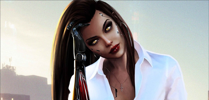 city, yellow eyes, bycicle, red lipstick, katana, high heels, face, sitting, sword, white blouse, cyberpunk, long hair, cyber city, brunette, white shirt