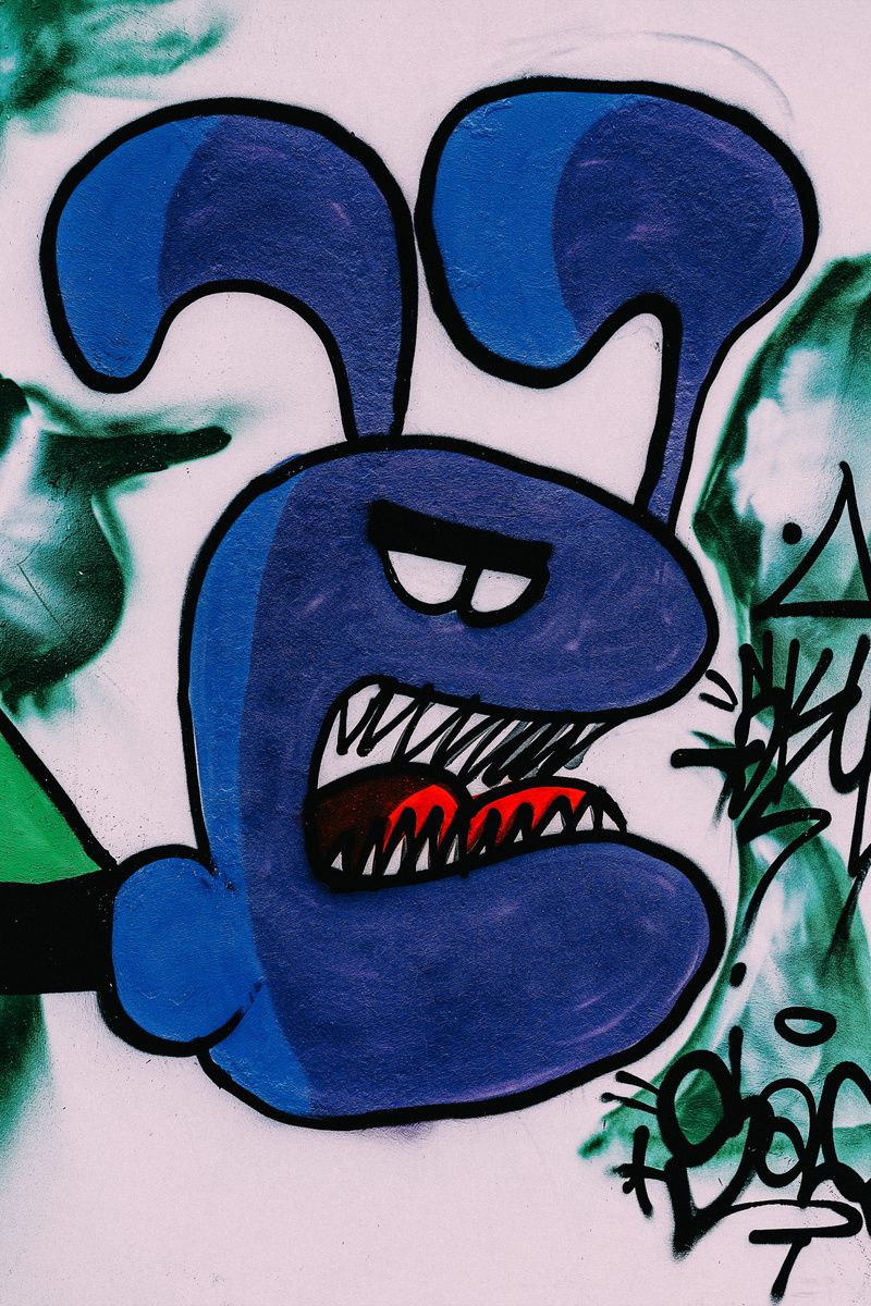 full frame, animal representation, bunny grafitti, multi colored, modern art, drawing, art and craft, street art, blue, day, mural, painter, no people