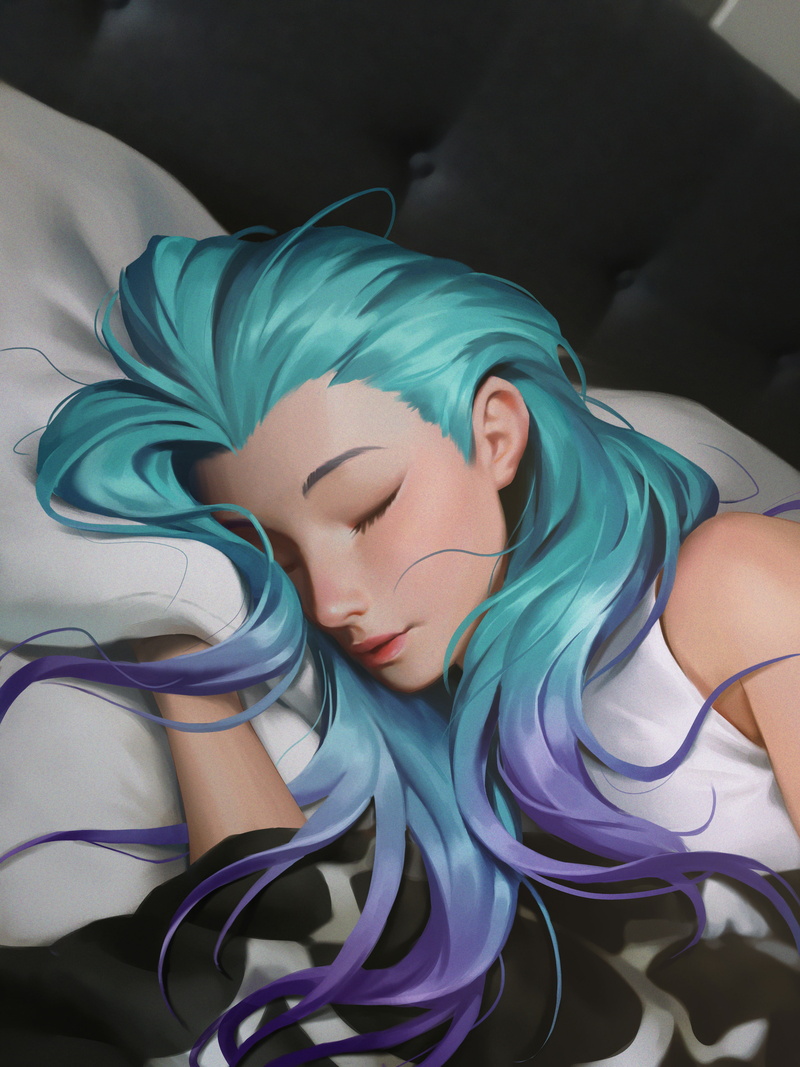 anime girls, fan art, digital painting, blue hair, ArtStation, women, sleeping, 4K, artwork, young woman, wavy hair, closed eyes, Kudos Productions, digital