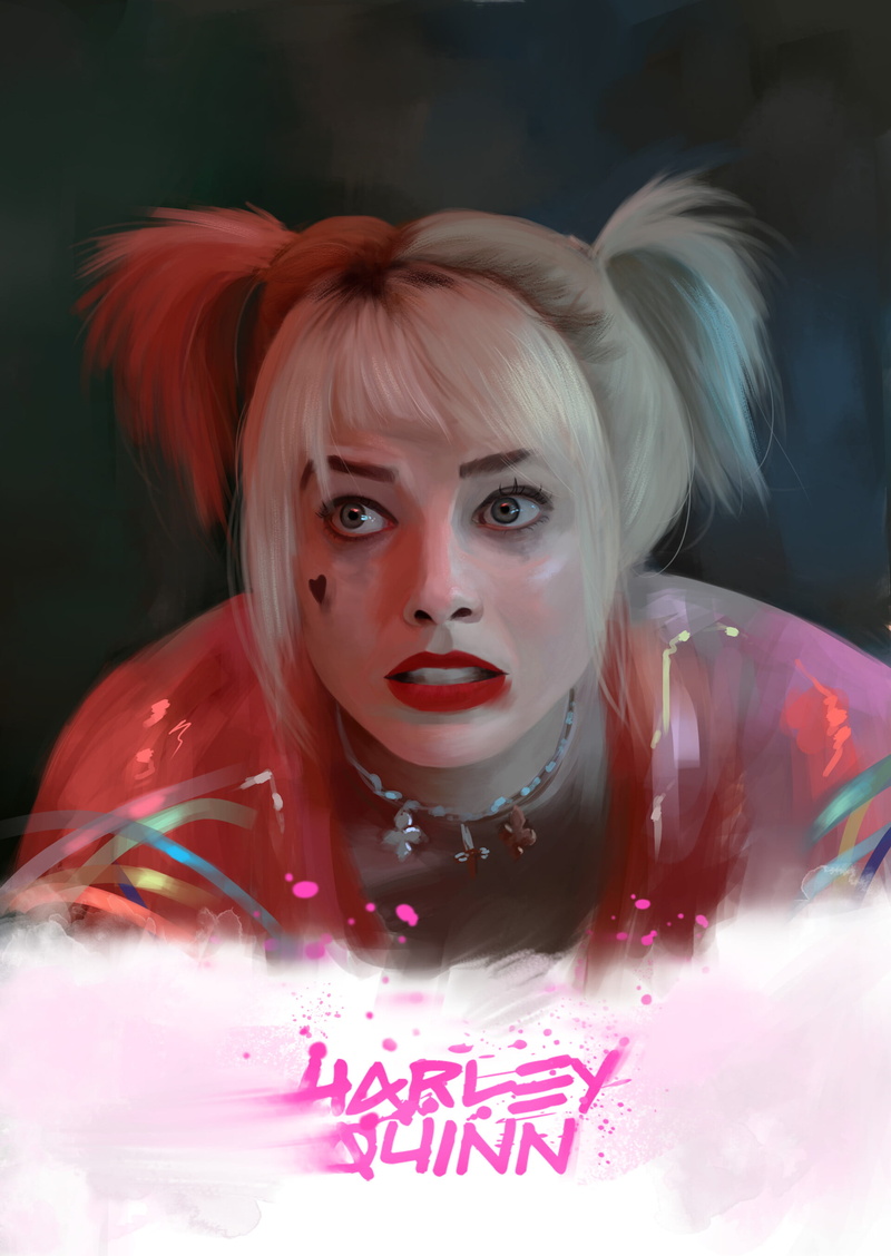 portrait display, gray eyes, digital painting, Harley Quinn, artwork, makeup, pigtails, Margot Robbie, 2K, ArtStation, bird of prey, blond hair, simple background