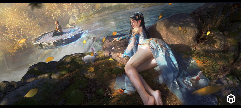 barefoot, rabbits, nature, artwork, Asian, fantasy girl, ArtStation, legs, 1080P, fantasy art