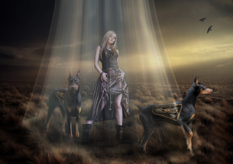 sci, cyborg, fantasy, dogs, fi, Girls, robot, technics, Steampunk, Pinscher, light, Doberman, robots, rays, Cyborgs, of, 2K