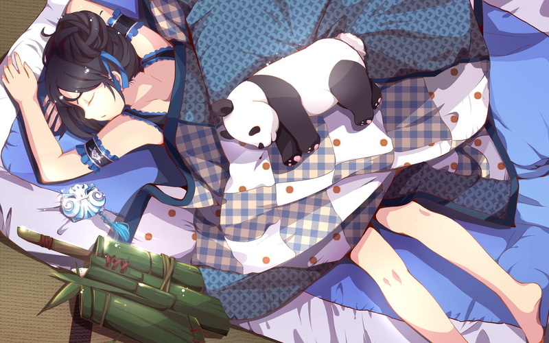 disguise, anime, mask, outdoors, sunlight, ribbon, anime girls, panda, blue, toy, day, representation, nature, bamboo, ball, clothing, sleeping, shadow