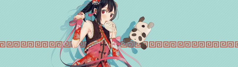 panda, Chinese dress, standing, brown hair, blue, red, hair, women, one person, wall - building feature, portrait, long hair, 4K, indoors, front view