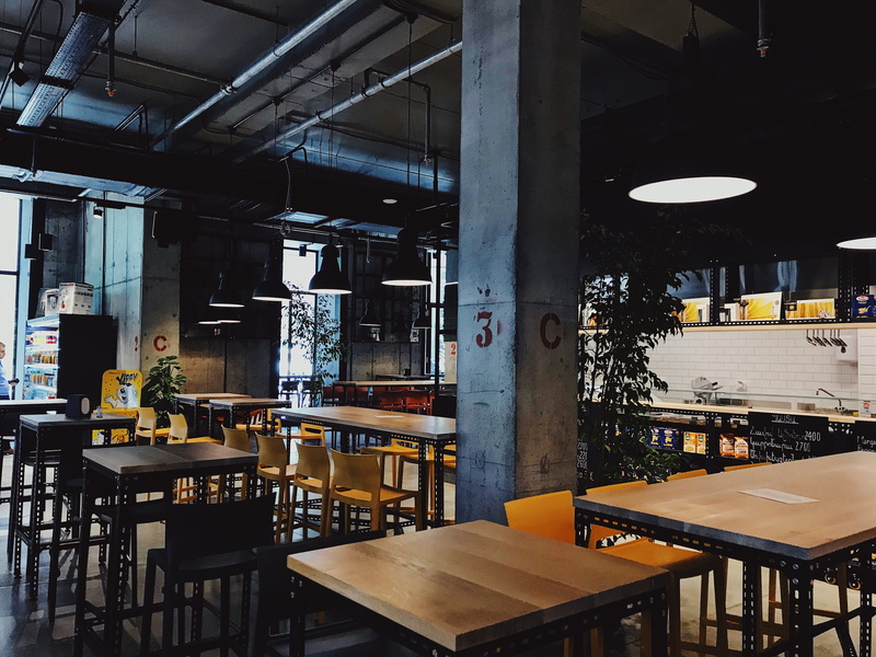 surrounded, business, cafe, restaurant, table, illuminated, furniture, architectural column, 4K, chair, tables, working, food and drink industry, wooden