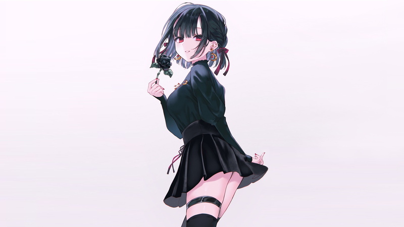 petite, skirt, simple background, original characters, short hair, looking at viewer, bangs, upskirt, black thigh-highs, red eyes, thighs, 2K, rose, thigh-highs