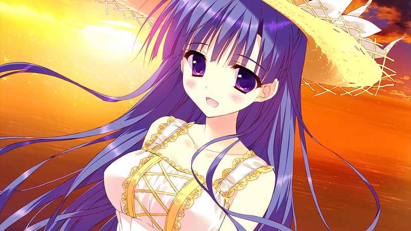 brunette, open mouth, violet eyes, hat, Hoshizora e Kakaru Hashi, long hair, looking at viewer, anime, sunset, 1080P, anime girls, dress