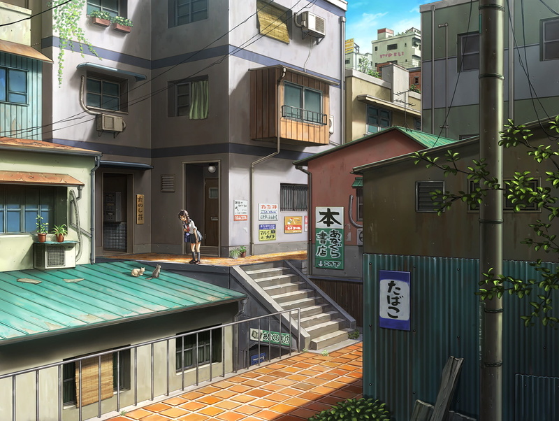 konachan, jpeg, skirt, 720P, cat, artifacts, 258722, sky, original, clouds, request, rooftop, com, hashi, building, city, stairs, translation, seifuku