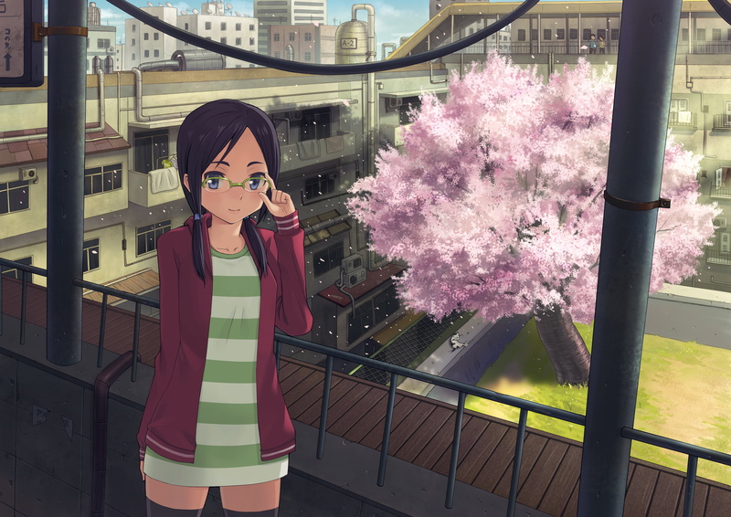 built structure, looking at camera, one person, ryouiki, blossoms, outdoors, zettai, young women, casual clothing, tree, architecture, three quarter length