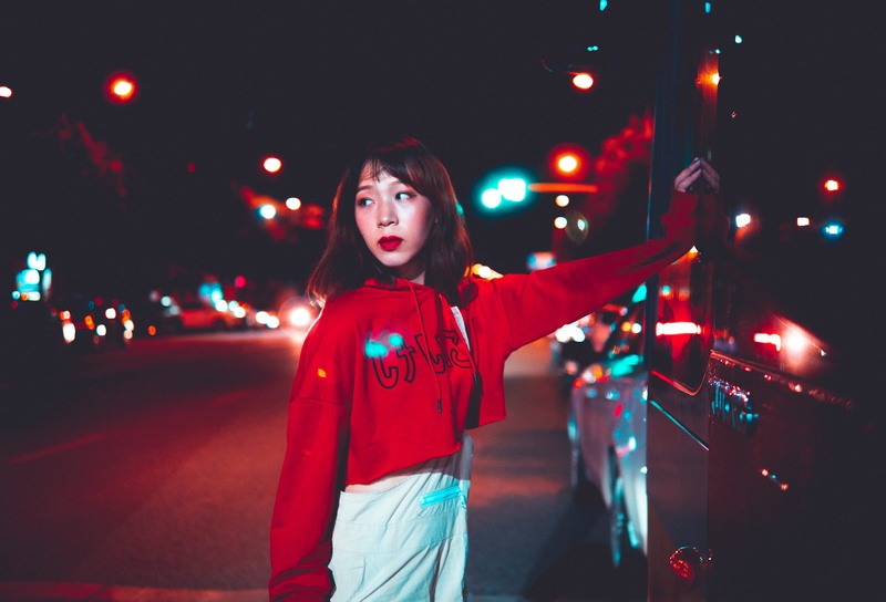 night, asian, city, face, girl, lighting, three quarter length, hair, urban, architecture, women, hairstyle, red, portrait, person, human, girls, model