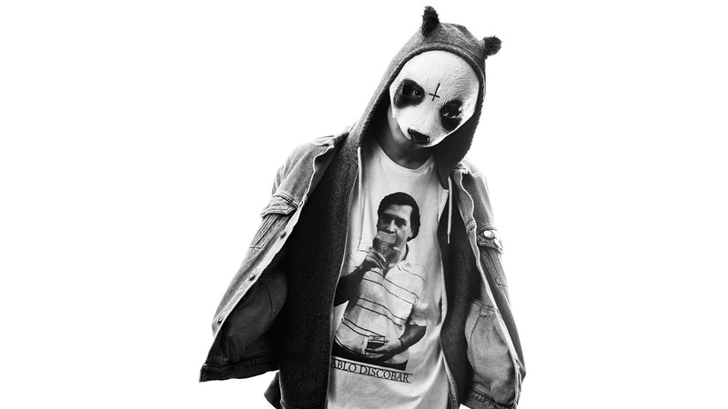 obscured face, beautiful, isolated, disguise, cro, panda, human Face, grayscale, caucasian Ethnicity, looking, music producer, black And White, costume