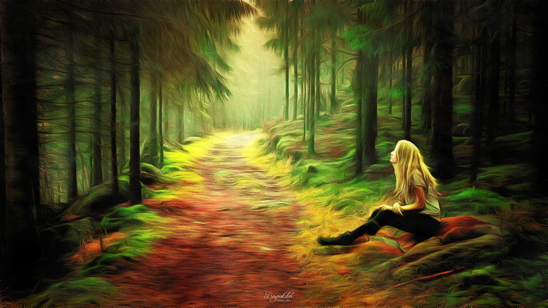 one person, hairstyle, tree, surrounded, 1080P, forest, land, nature, woodland, green color, tranquility, sits, long hair, adult, lifestyles, casual clothing