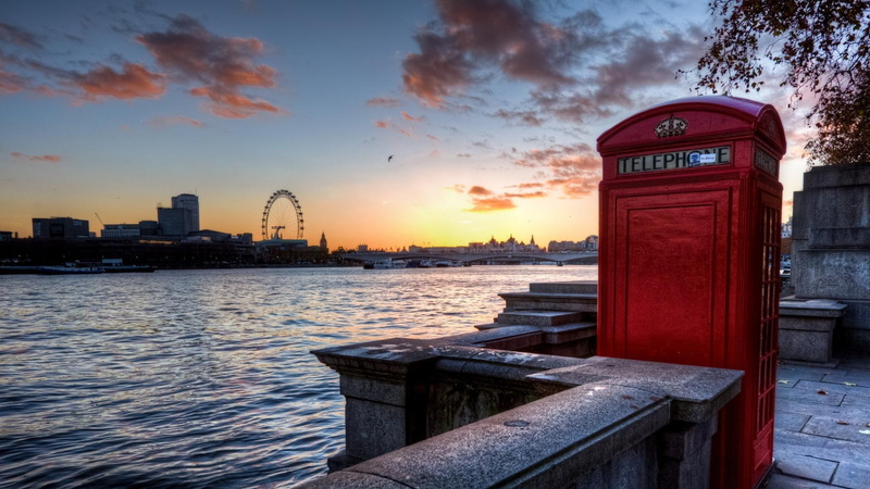 thames, sunset, phone booth, 1080P, river, nature and landscapes, ferris wheel