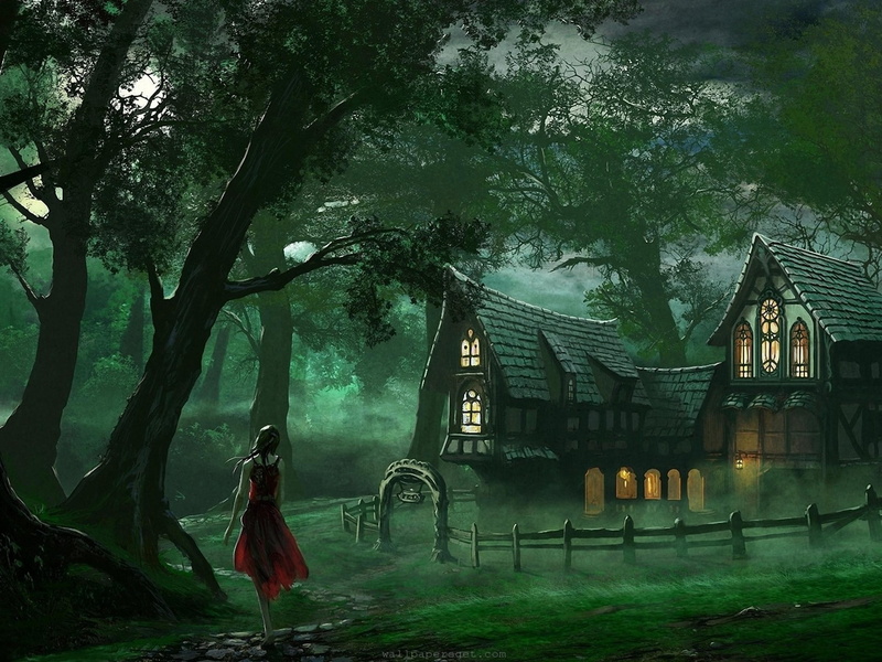 women, Cottage, paintings, mood, Leave, forest, 2K, landscapes, buildings, Girls, artistic, architecture, houses, females, Lights, art, window, nature