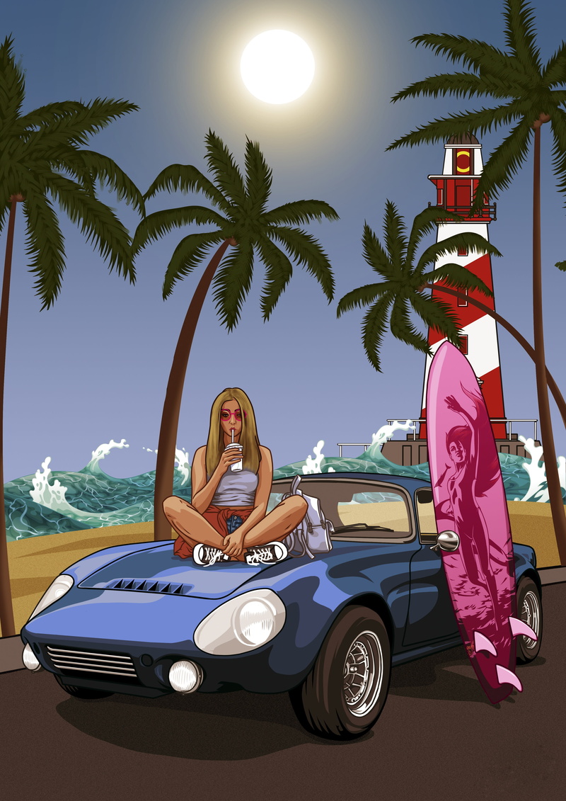 females, car, sitting, girl, sunlight, lifestyles, woman, palm tree, casual clothing, land vehicle, sea, drawing, 4K, mode of transportation, tree, illustration