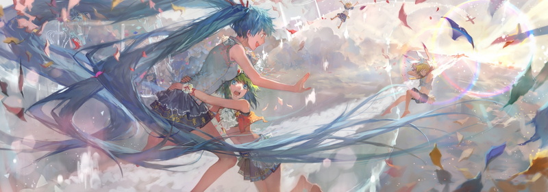 anime, 2K, vocaloid, the sun, guy, the sky, kagamine len, kagamine rin, tang elen, hatsune miku, art, sunset, girls, gumi, hugs