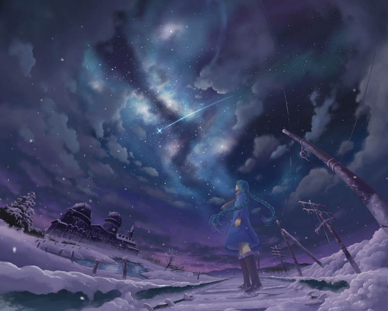 art, night, vocaloid, 1080P, inoki, hatsune miku, winter, the sky, clouds, girl, stars, wire, anime, posts, tears